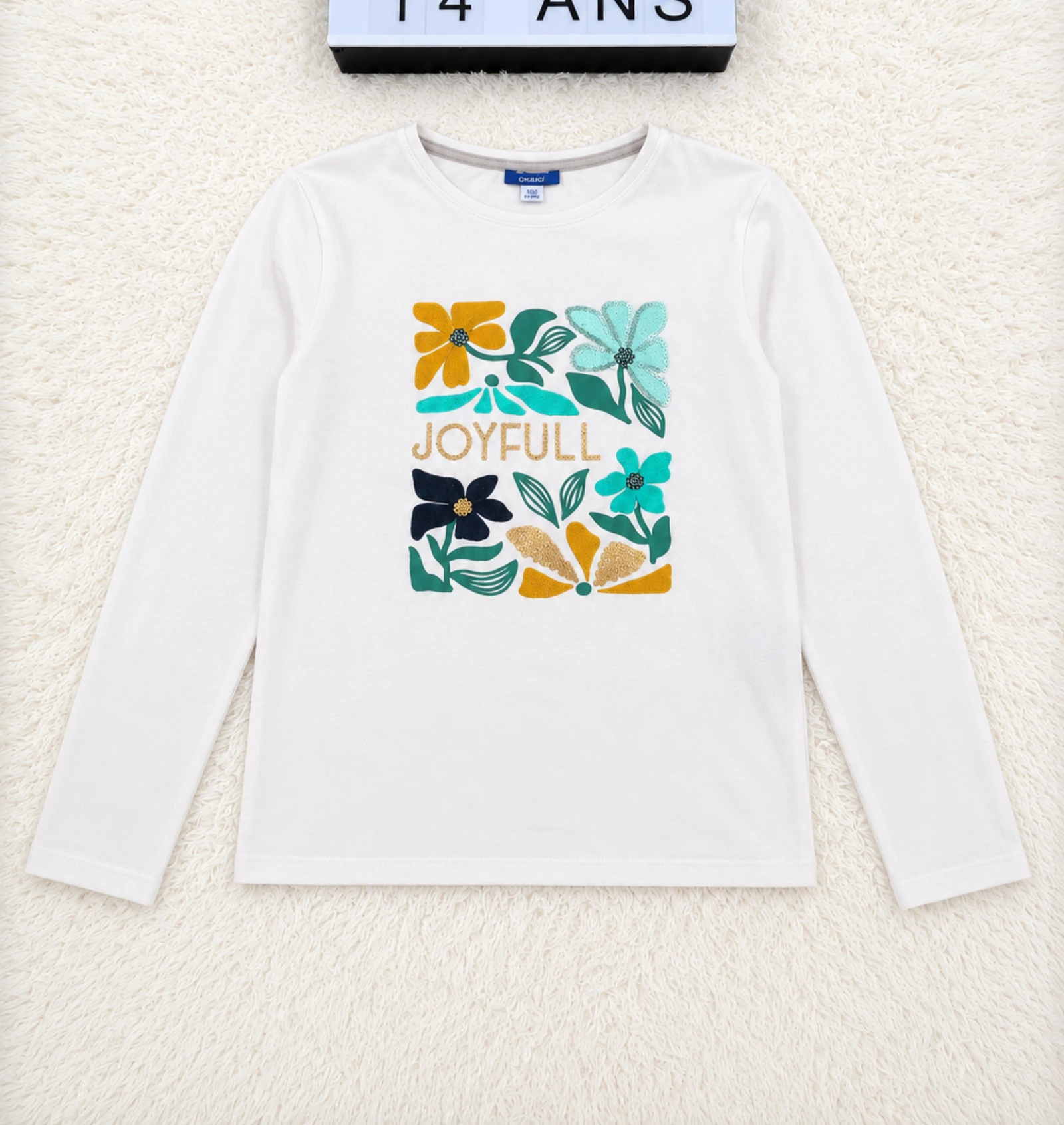 T-shirt mangas compridas Okaïdi branco estampado flores 14 anos 👒 – photo 2